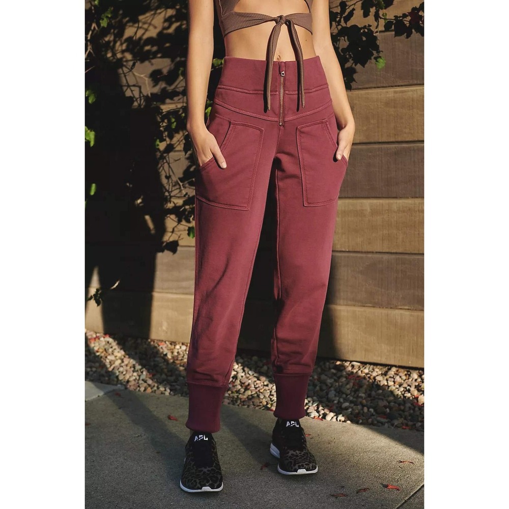 FP Movement Free People On the Road Pants Cotton Small Rare Wine Edgy Zip Front